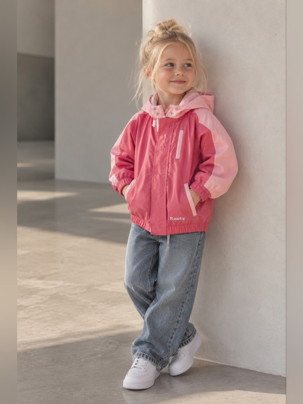 Roots Kids Girls Pink Hooded Lightweight Jacket Windbreaker Colourblock 4T
